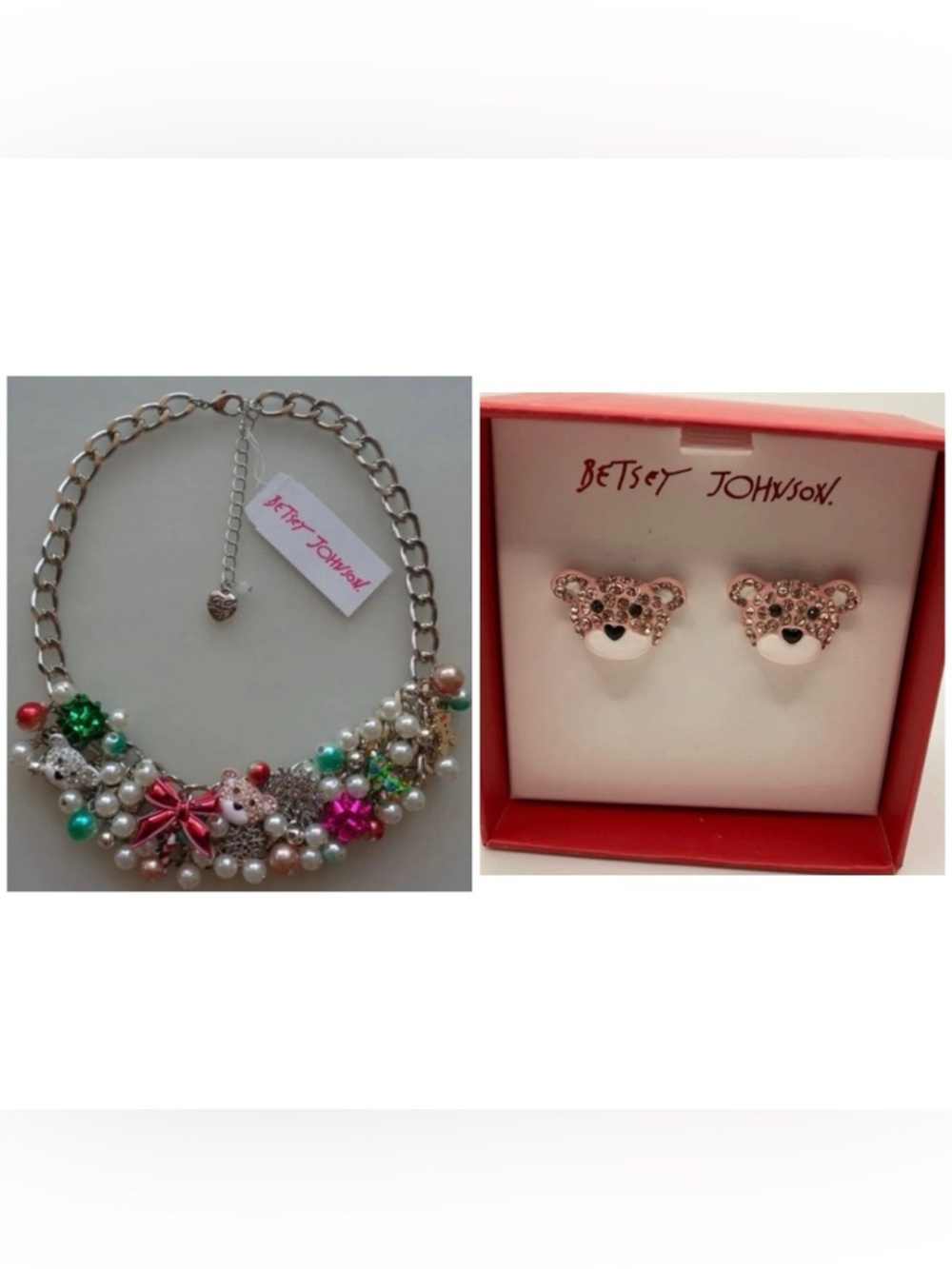 BETSEY JOHNSON SET Christmas Holiday Revival Charm Necklace & Earrings NEW NWT